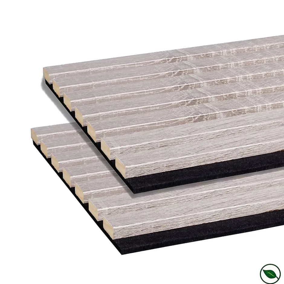 Lot de 2 Panneaux mural acoustic lamelles MDF chêne gris sur fond noir 2600 x 300 x 17 mm 1,56 M2-Forestea Clearance