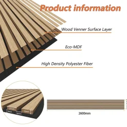 Lot de 2 Panneaux Muraux Décoratifs Acoustiques Bois MDF 260x30cm Chêne clair AntiBruit, Facile à Poser-AICA Sanitaire