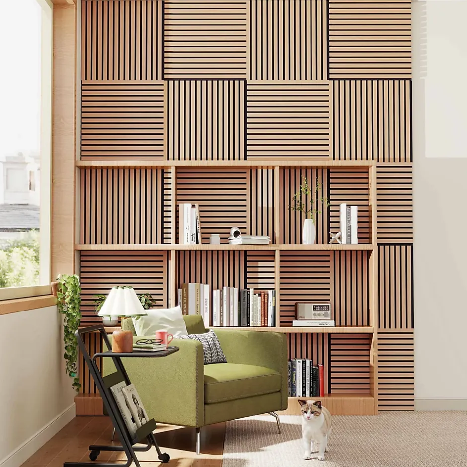 Lot de 4 Panneaux Muraux Décoratifs Acoustiques Bois MDF 60x60cm Chêne foncé AntiBruit, Facile à Poser-AICA Sanitaire