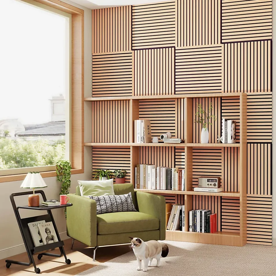 Lot de 4 Panneaux Muraux Décoratifs Acoustiques Bois MDF 60x60cm Chêne foncé AntiBruit, Facile à Poser-AICA Sanitaire