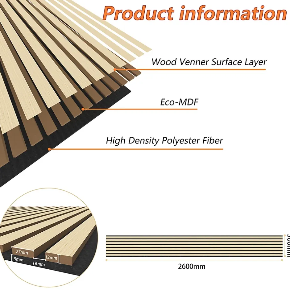 Lot de 3 Panneaux Muraux Décoratifs Acoustiques Bois MDF 260x30cm chêne naturel AntiBruit, Facile à Poser-AICA Sanitaire Hot