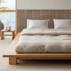 Decoon Lot de 7 Panneaux muraux tasseaux bois 120x30x1 cm - Pack tête de lit 160 - Lamelles chêne clair véritable fond noir 2,52 m²