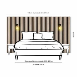Decoon Lot de 7 Panneaux muraux tasseaux bois 120x30x1 cm - Pack tête de lit 160 - Lamelles chêne clair véritable fond noir 2,52 m²
