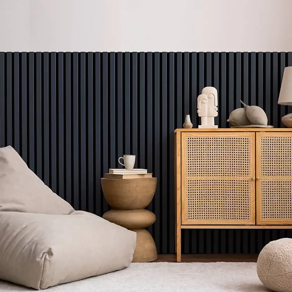 Decoon Lot de 7 Panneaux muraux tasseaux bois 120 x 30 x 1,9 cm - Pack tête de lit - Lamelles bleu nuit / feutrine noir - 2,52m²