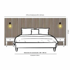 Decoon Lot de 9 Panneaux muraux tasseaux bois 120x30x1 cm - Pack tête de lit 200 - Lamelles chêne clair véritable fond noir 3,24 m²
