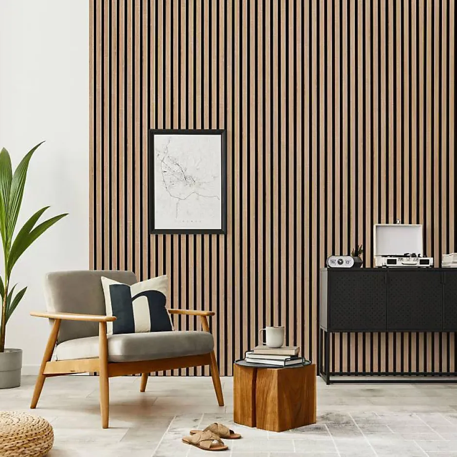 Lot de 2 Panneaux tasseaux bois 250 x 30 x 1,9 cm - décor chêne clair fond noir - 1,5m²-Decoon Discount