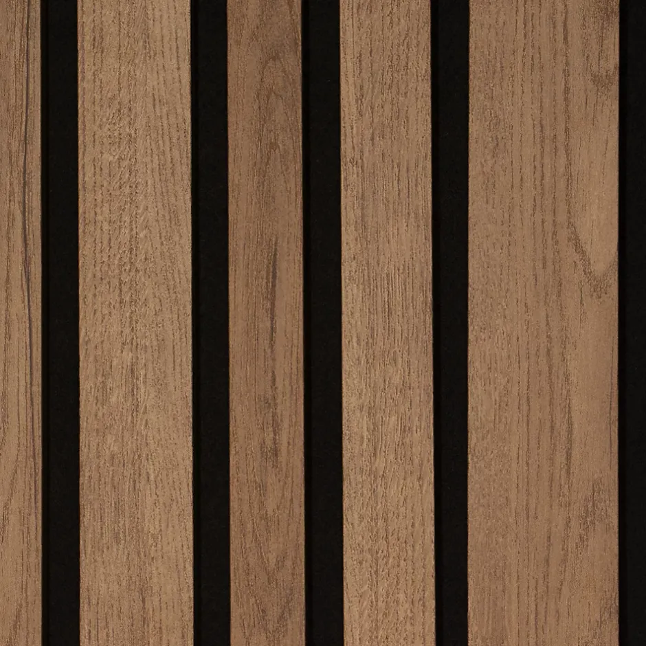 Lot de 2 Panneaux tasseaux acoustic asymétrique lamelles MDF chêne bronze sur fond noir 2600 x 300 x 17 mm --Forestea Outlet