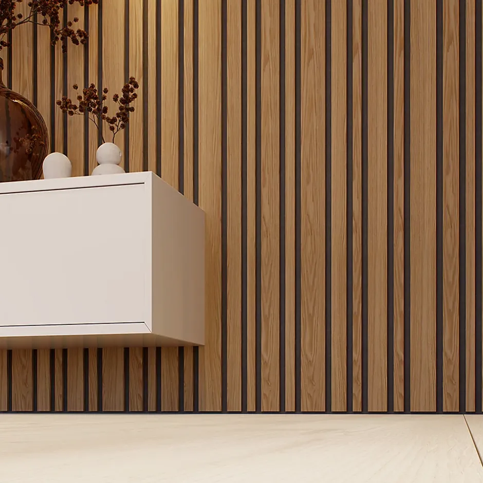 Lot de 2 Panneaux tasseaux acoustic asymétrique lamelles MDF chêne bronze sur fond noir 2600 x 300 x 17 mm --Forestea Outlet