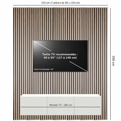 Lot de 7 panneaux tasseaux bois - 250x30x1 cm - Pack Mur TV bois 210cm - Lamelles chêne clair véritable fond noir - 5,25m²-Decoon Online