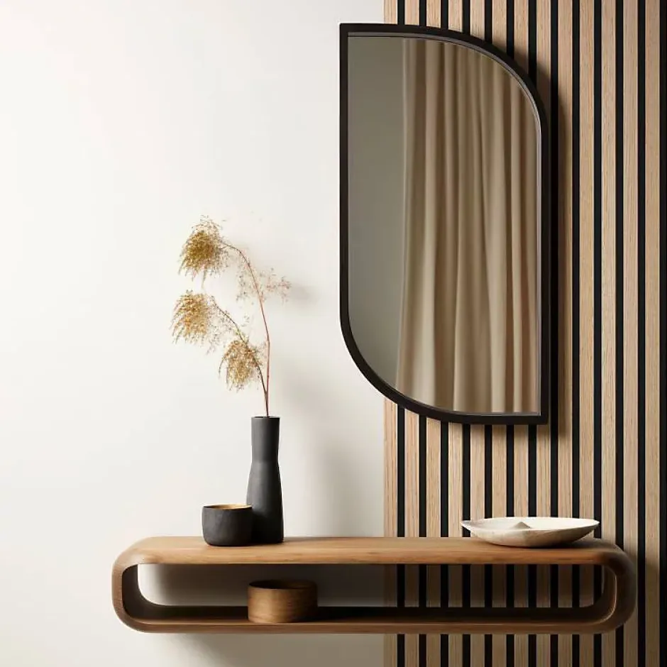 Decoon Lot de 2 panneaux tasseaux bois 250 x 30 x 1 cm - Lamelles bois placage chêne clair véritable fond noir - 1,5m²