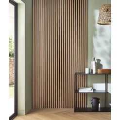 Decoon Lot de 4 panneaux tasseaux bois 250 x 30 x 1 cm - Lamelles bois placage chêne clair véritable fond noir - 3m²