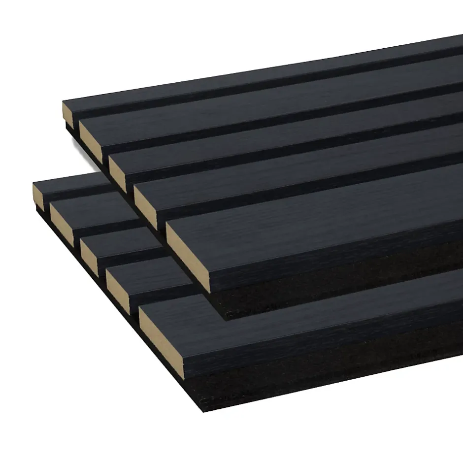 Lot de 2 Panneaux tasseaux acoustic asymétrique lamelles MDF chêne lave sur fond noir 2600 x 300 x 17 mm --Forestea Discount