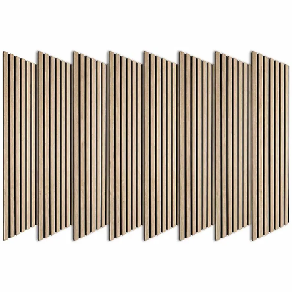 Decoon Lot de 8 Panneaux tasseaux bois 120x30x1 cm - Pack tête de lit 180 - Lamelles chêne clair véritable fond noir 2,88 m²
