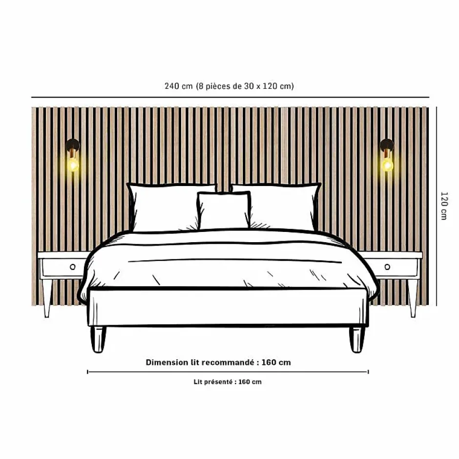 Decoon Lot de 8 Panneaux tasseaux bois 120x30x1 cm - Pack tête de lit 180 - Lamelles chêne clair véritable fond noir 2,88 m²