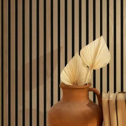 Decoon Lot de 8 Panneaux tasseaux bois 120x30x1 cm - Pack tête de lit 180 - Lamelles chêne clair véritable fond noir 2,88 m²