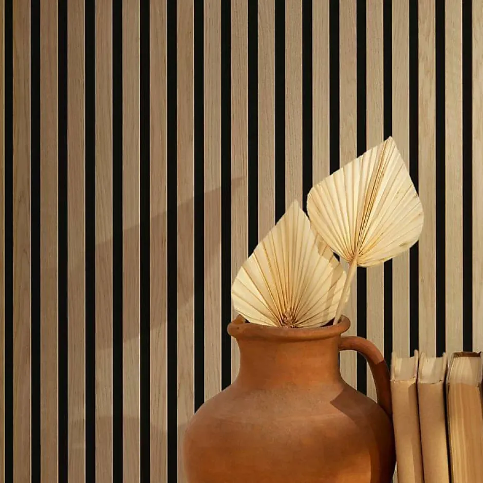 Decoon Lot de 8 Panneaux tasseaux bois 120x30x1 cm - Pack tête de lit 180 - Lamelles chêne clair véritable fond noir 2,88 m²