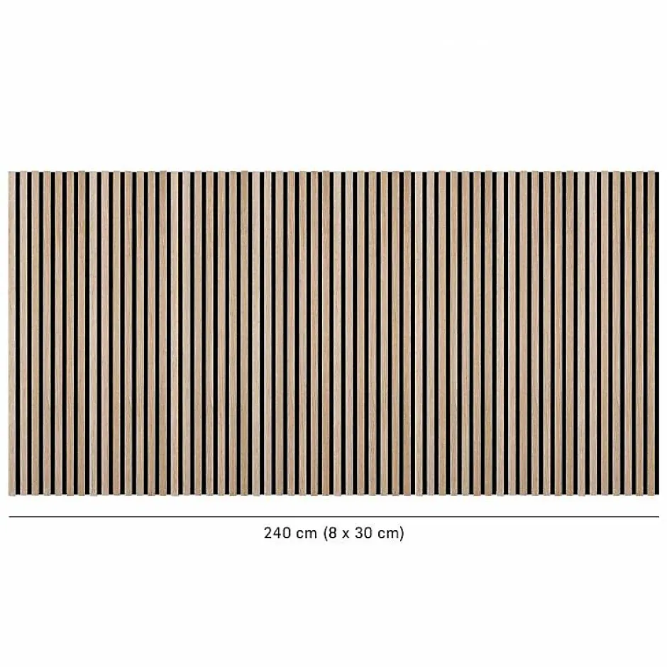 Decoon Lot de 8 Panneaux tasseaux bois 120x30x1 cm - Pack tête de lit 180 - Lamelles chêne clair véritable fond noir 2,88 m²