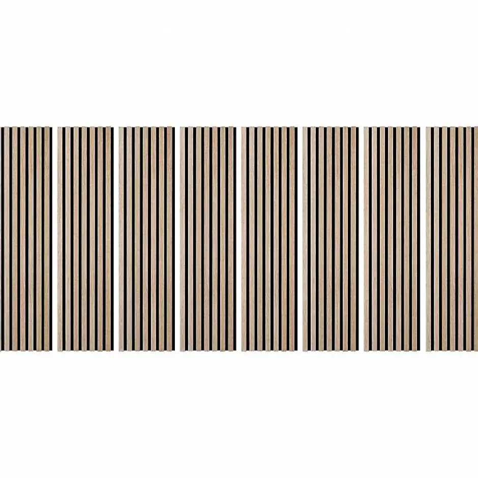 Decoon Lot de 8 Panneaux tasseaux bois 120x30x1 cm - Pack tête de lit 180 - Lamelles chêne clair véritable fond noir 2,88 m²