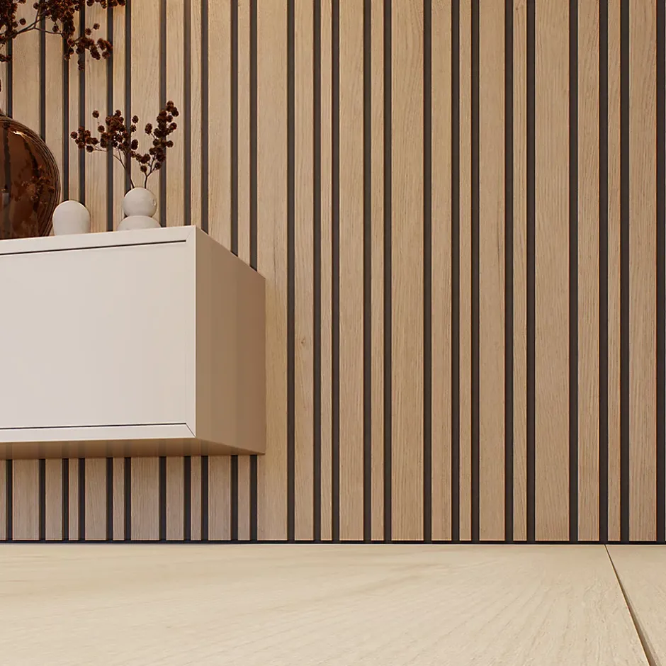 Forestea Lot de 2 Panneaux tasseaux acoustic asymétrique lamelles MDF chêne naturel sur fond noir 2600 x 300 x 17 mm -