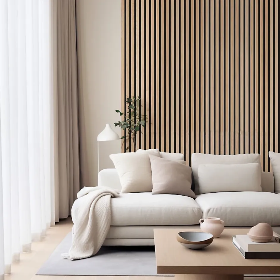 Lot de 4 Panneaux tasseaux bois 250 x 30 x 1,9 cm - décor chêne clair fond noir - 3m²-Decoon New