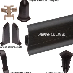 Monmobilierdesign Lot de 50 Plinthes goulotte passe-câble PVC 59 mm - 1,10 m avec angles, raccords et butées Wenge noir