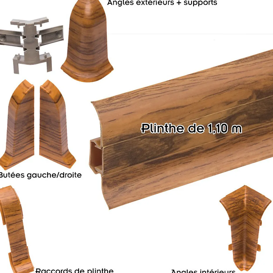 Lot de 10 Plinthes goulotte passe-câble PVC 59 mm - 1,10 m avec angles, raccords et butées Chêne-Monmobilierdesign Online
