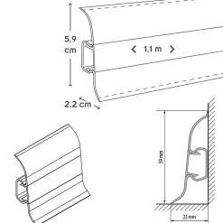 Lot de 10 Plinthes goulotte passe-câble PVC 59 mm - 1,10 m avec angles, raccords et butées Chêne-Monmobilierdesign Online