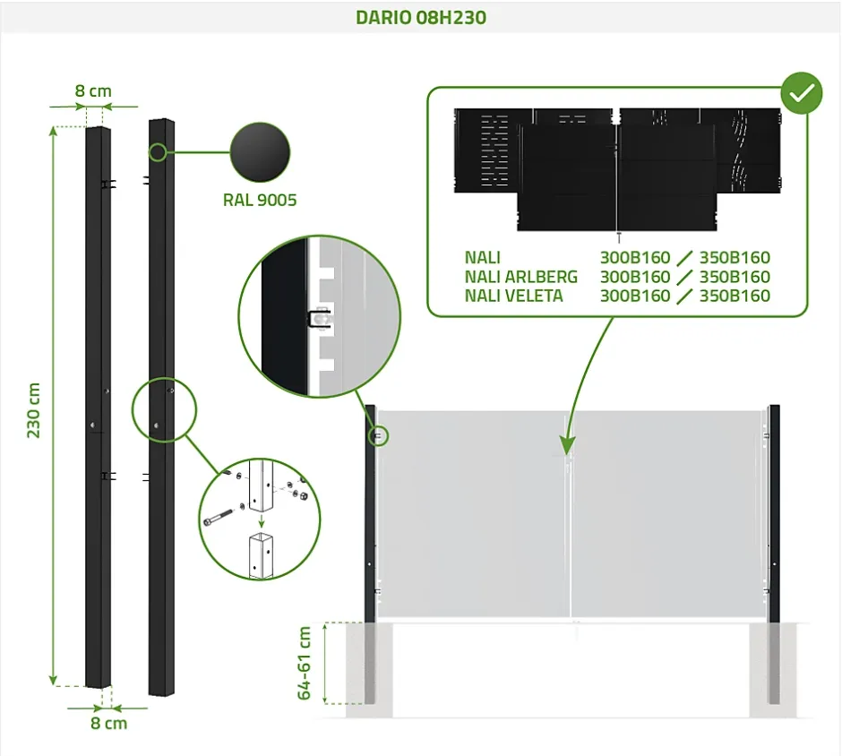 Casanoov Lot de 2 poteaux en fer DARIO 8x8cm H.230cm Noir Mat