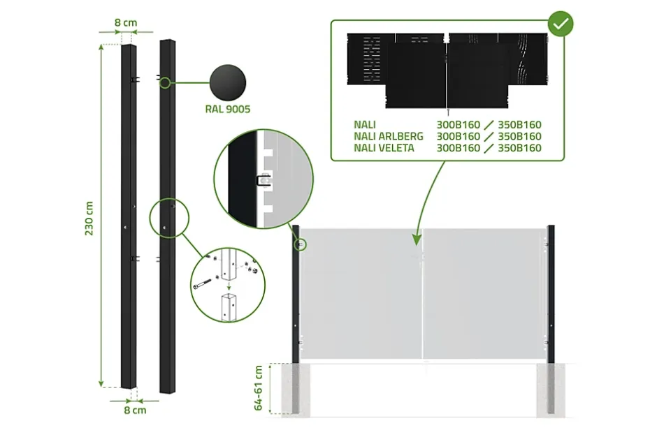 Casanoov Lot de 2 poteaux en fer DARIO 8x8cm H.230cm Noir Mat