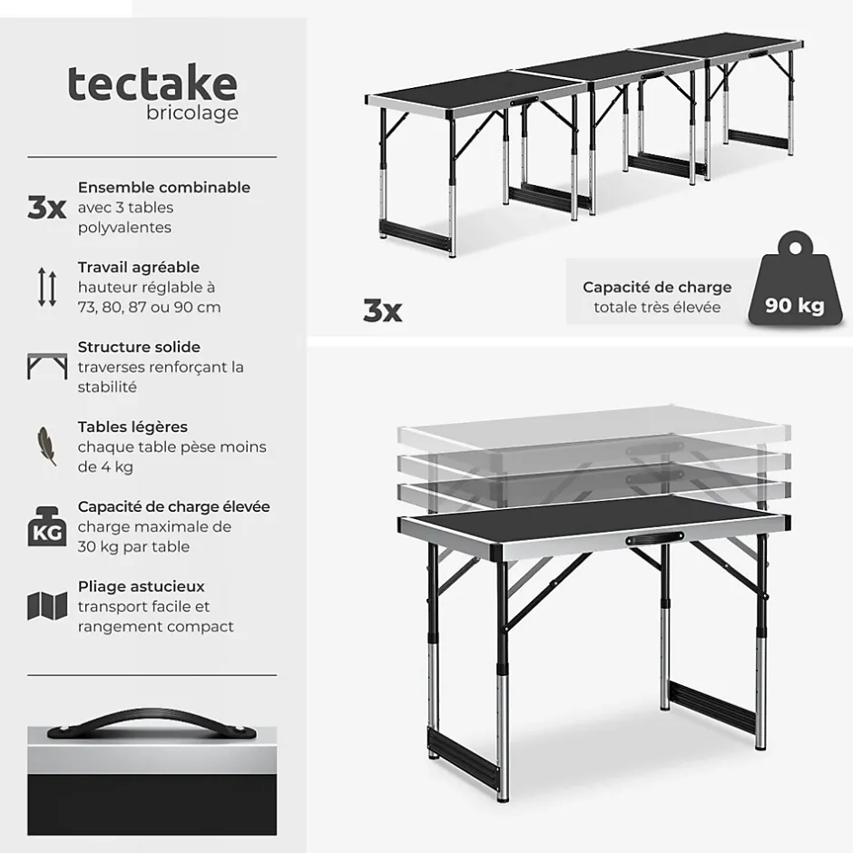 Tectake Lot de 3 tables à tapisser pliable Hauteur réglable en 4 niveaux noir