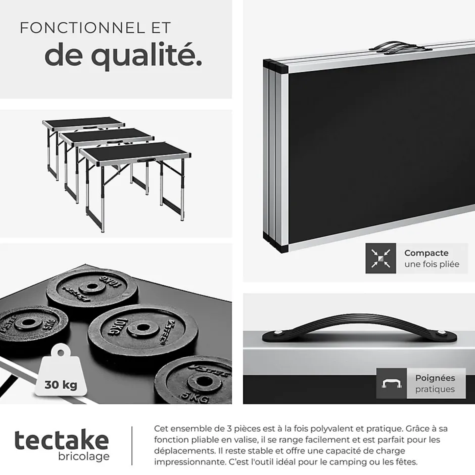 Tectake Lot de 3 tables à tapisser pliable Hauteur réglable en 4 niveaux noir