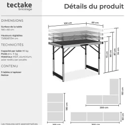 Tectake Lot de 3 tables à tapisser pliable Hauteur réglable en 4 niveaux noir