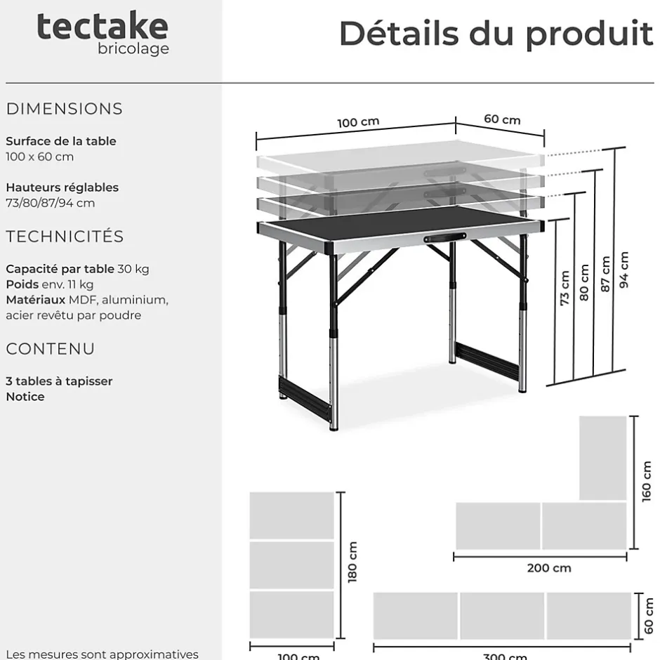 Tectake Lot de 3 tables à tapisser pliable Hauteur réglable en 4 niveaux noir