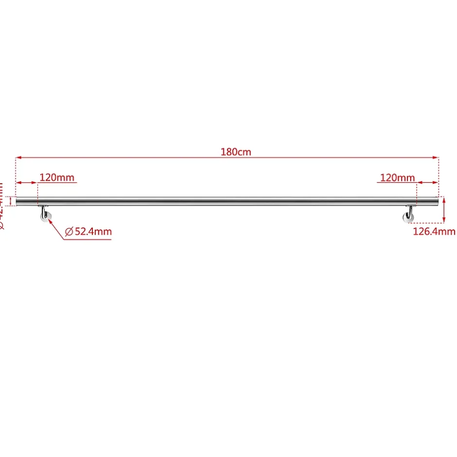 AICA Sanitaire Main courante - acier inox 304 - 180cm - Rampe escalier mural avec embouts - Pour intérieur et extérieur - Avec supports muraux