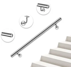 Main courante - acier inox 304 - 120cm - Rampe escalier mural avec embouts - Pour intérieur et extérieur - Avec supports muraux-AICA Sanitaire Hot