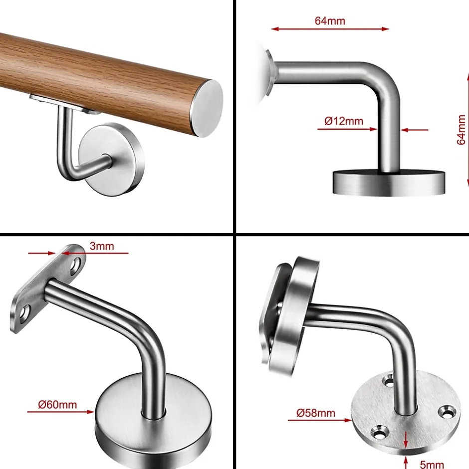 Main courante 200cm, inox 304, Design naturel aspect bois, rampe d'escalier ronde, avec 3 supports muraux, intérieur & extérieur-AICA Sanitaire New