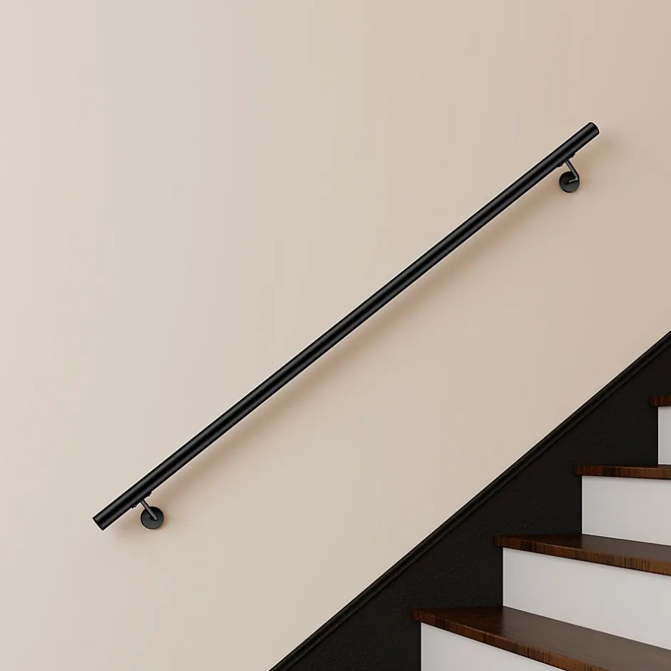 Main courante 180cm, inox 304, Noir mat, rampe d'escalier ronde, avec 2 supports muraux, intérieur & extérieur-AICA Sanitaire Online