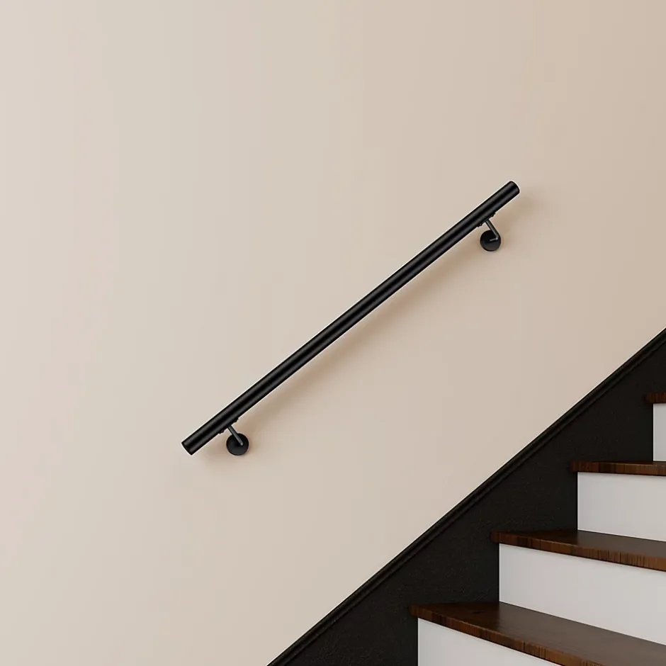Main courante 120cm, inox 304, Noir mat, rampe d'escalier ronde, avec 2 supports muraux, intérieur & extérieur-AICA Sanitaire Clearance