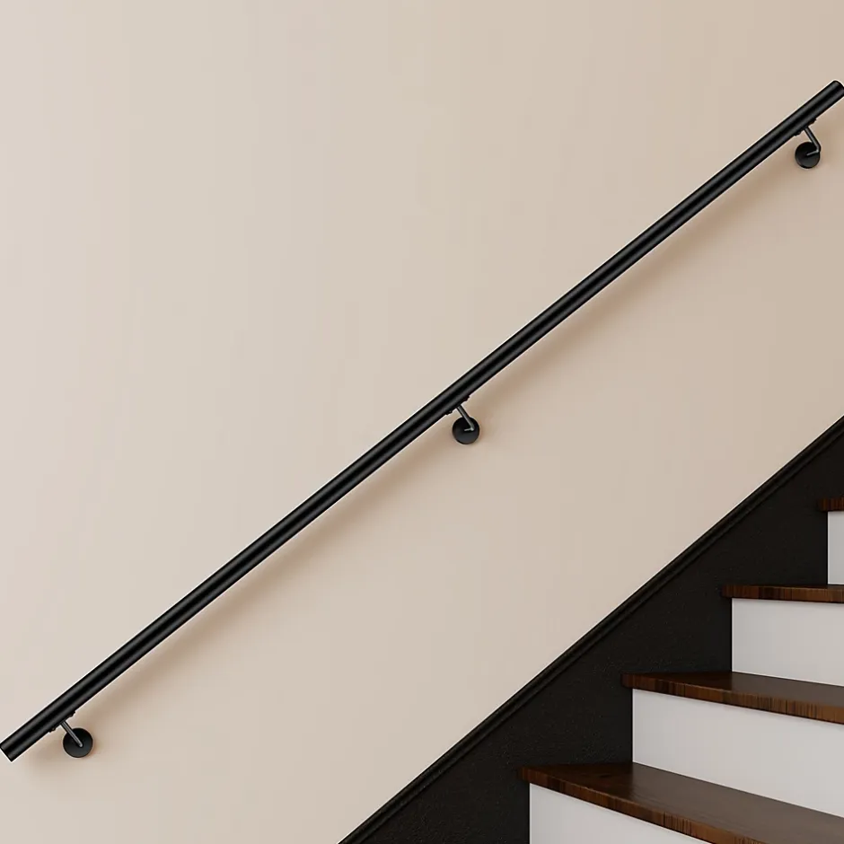 Main courante 240cm, inox 304, Noir mat, rampe d'escalier ronde, avec 3 supports muraux, intérieur & extérieur-AICA Sanitaire Clearance
