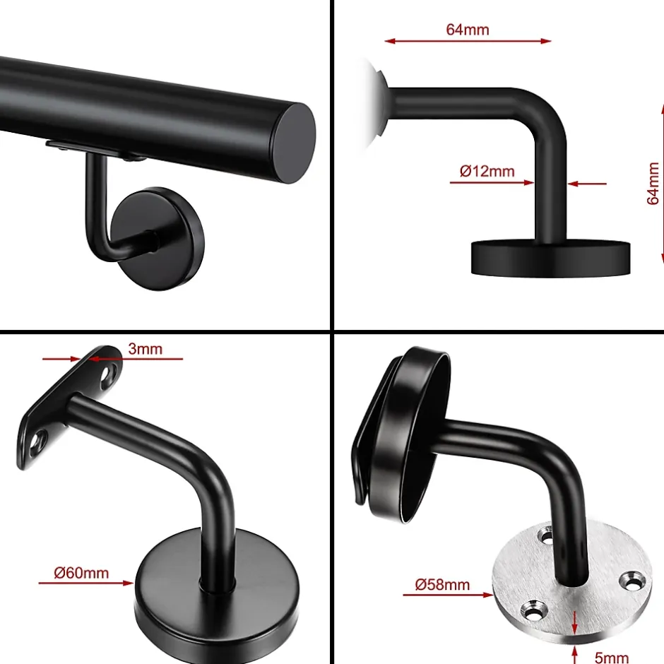 Main courante 240cm, inox 304, Noir mat, rampe d'escalier ronde, avec 3 supports muraux, intérieur & extérieur-AICA Sanitaire Clearance