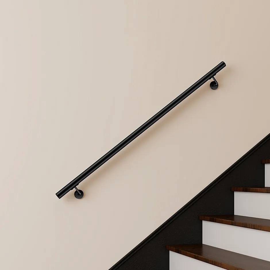 AICA Sanitaire Main courante 150cm, inox 304, Noir mat, rampe d'escalier ronde, avec 2 supports muraux, intérieur & extérieur