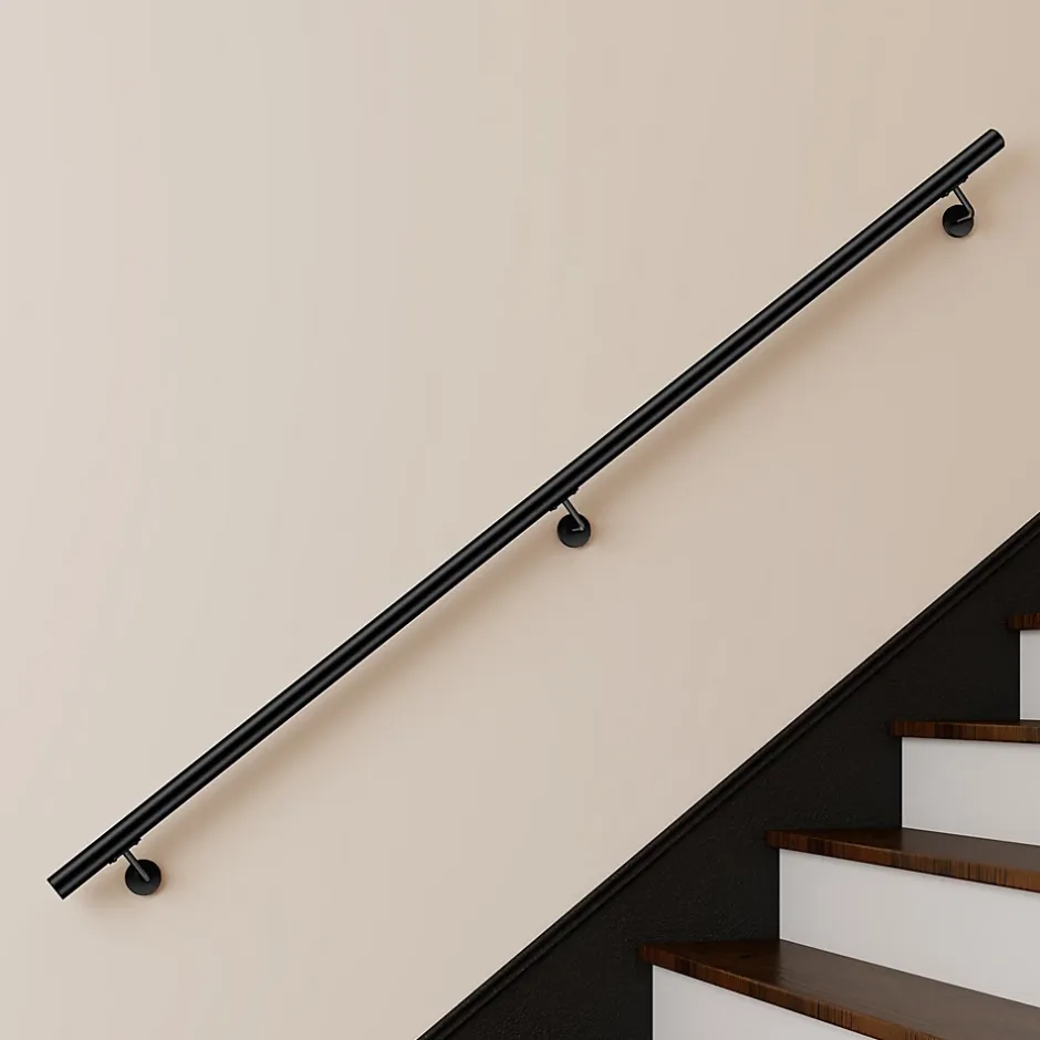 AICA Sanitaire Main courante 220cm, inox 304, Noir mat, rampe d'escalier ronde, avec 3 supports muraux, intérieur & extérieur