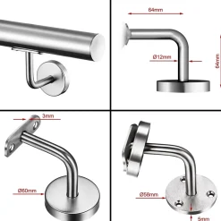 AICA Sanitaire Main courante 220cm, inox 304, rampe d'escalier ronde, avec 3 supports muraux, intérieur & extérieur