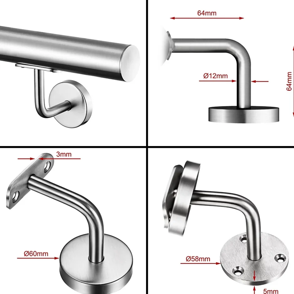 Main courante 80cm, inox 304, rampe d'escalier ronde, avec 2 supports muraux, intérieur & extérieur-AICA Sanitaire Clearance