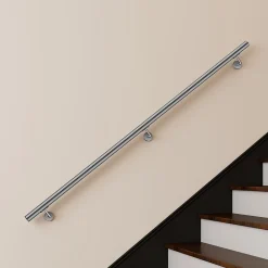Main courante 200cm, inox 304, rampe d'escalier ronde, avec 3 supports muraux, intérieur & extérieur-AICA Sanitaire Clearance