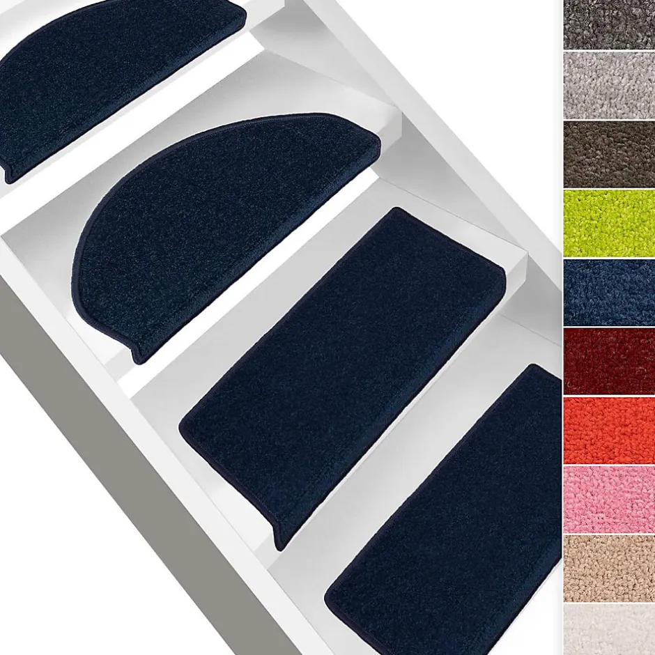 Marchettes d'escalier Dynasty Velours, antidérapantes, Bleu, Semi-Circulaire, 23,5 x 65 cm --Floordirekt Clearance