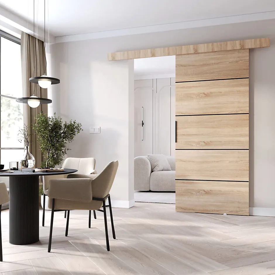 MINIO go for it , porte coulissante PRIM 2K 86 cm, baguette décorative en Noir, poignée de porte en noir, Chêne Sonoma / Noir