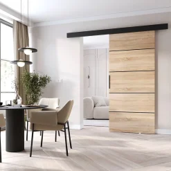 MINIO go for it , porte coulissante PRIM1K96 cm, barre décorative, panneau supérieur, poignée de porte en noir, Chêne Sonoma/Noir
