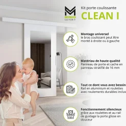 , porte coulissante CLEAN I 96 cm portes de chambre, avec miroir, Blanc-MINIO go for it Clearance