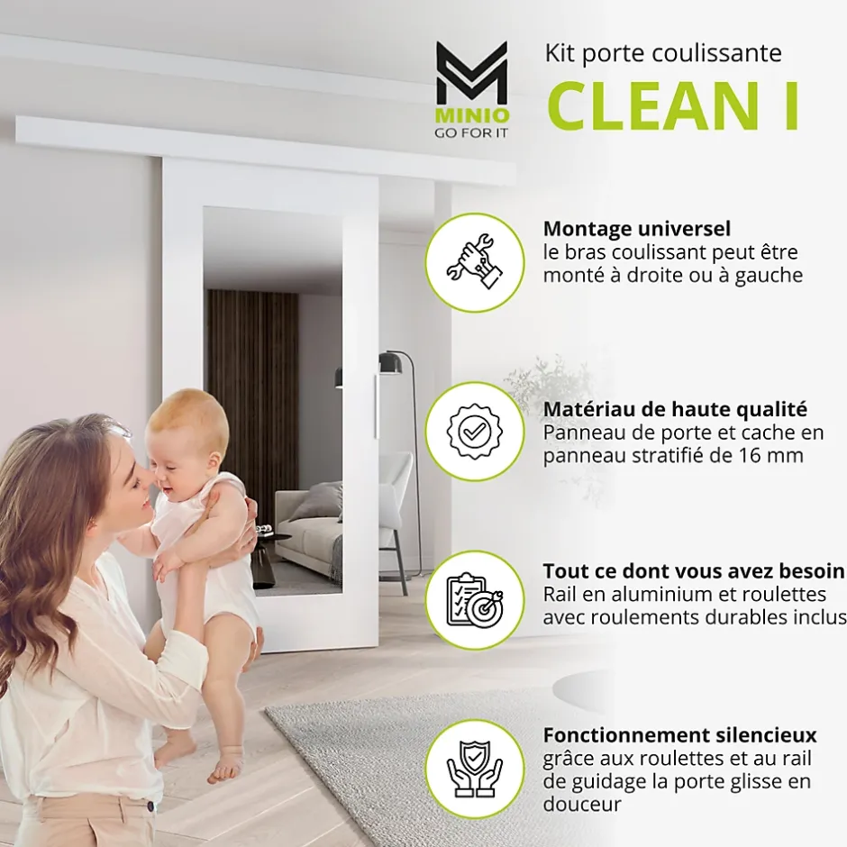 , porte coulissante CLEAN I 96 cm portes de chambre, avec miroir, Blanc-MINIO go for it Clearance